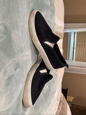 Skechers Black Slip-On Canvas Sneakers with White Soles